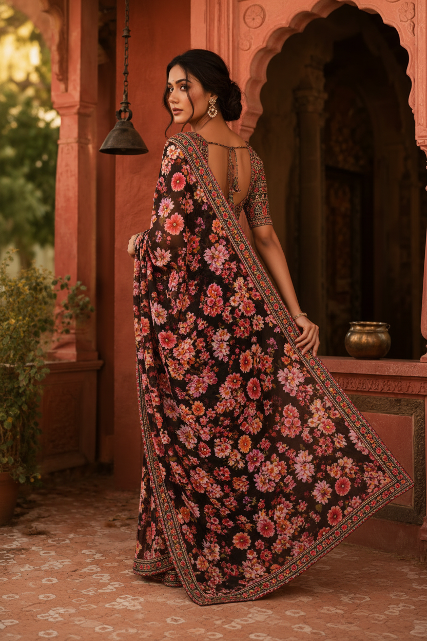 Georgette Digital Print Saree With Unstitched Blouse(Black)