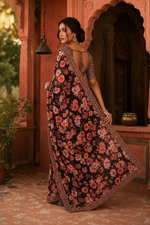 Load image into Gallery viewer, Georgette Digital Print Saree With Unstitched Blouse(Black)
