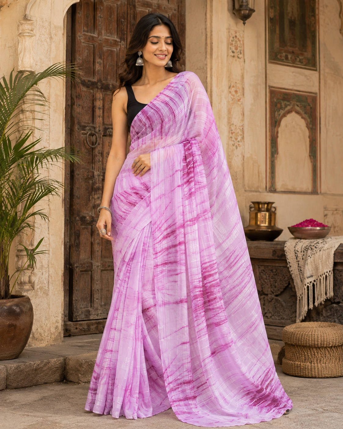 Georgette Sibori Print Saree With Unstitched Blouse(Lavender)