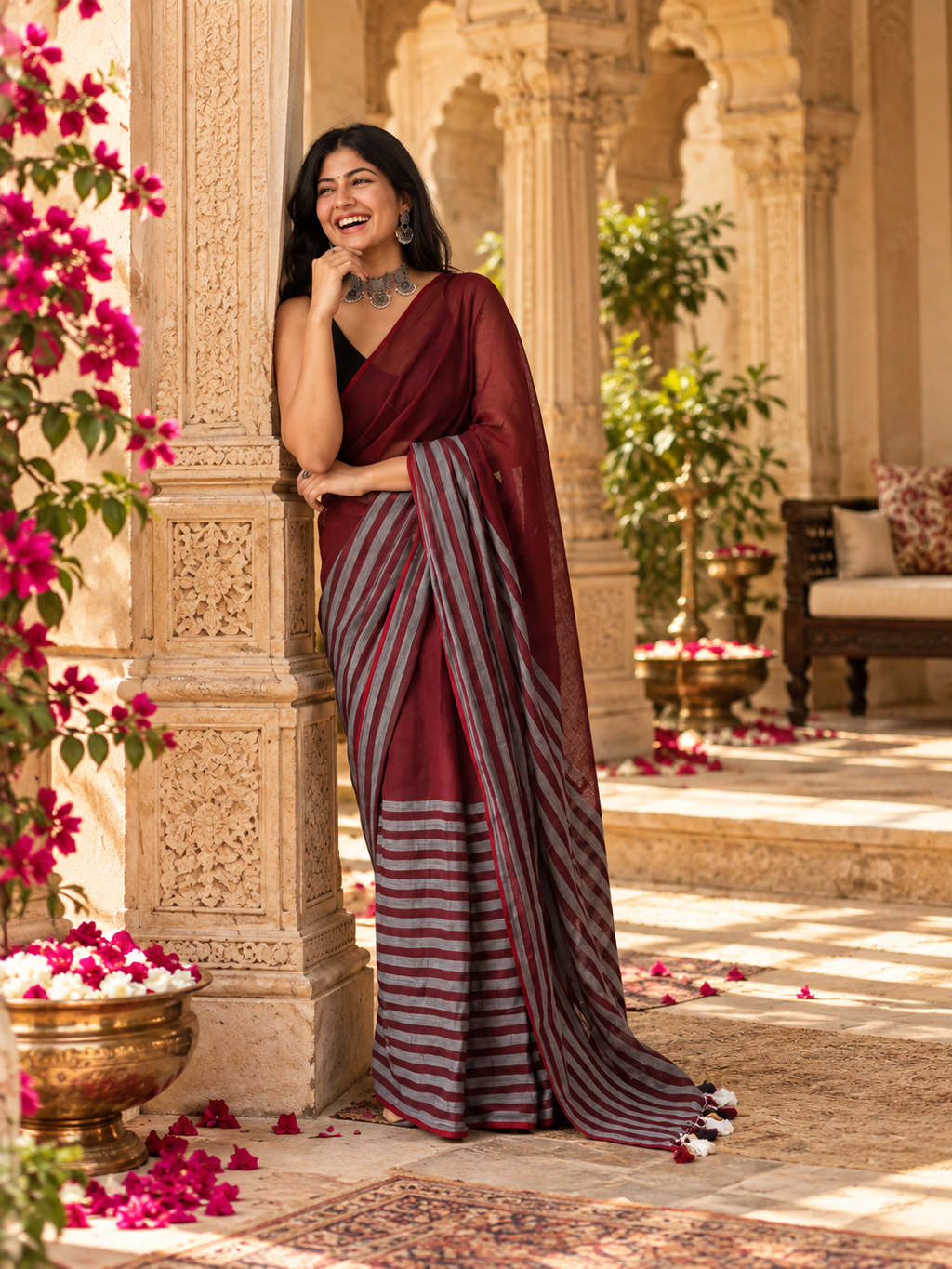 Cotton Digital Printed Saree With Unstitched Blouse(Maroon)
