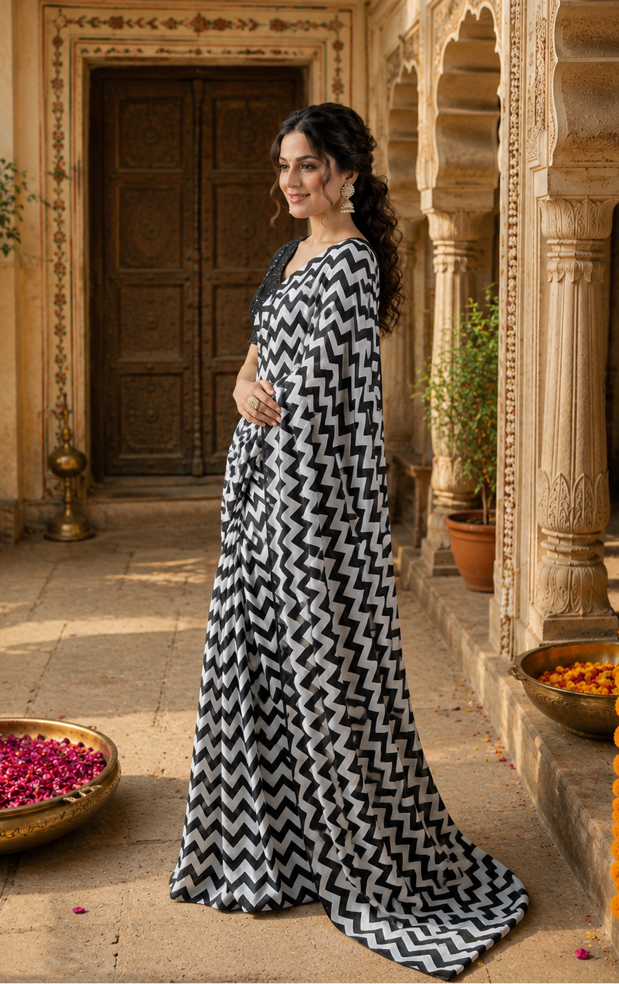 Georgette Marshmallow Printed Saree With Unstitched Blouse(White)