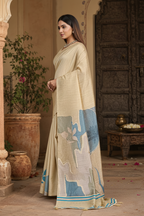 Silk Blend Jacquard Weaving Zari Border Saree With Unstitched Blouse(Off-White)