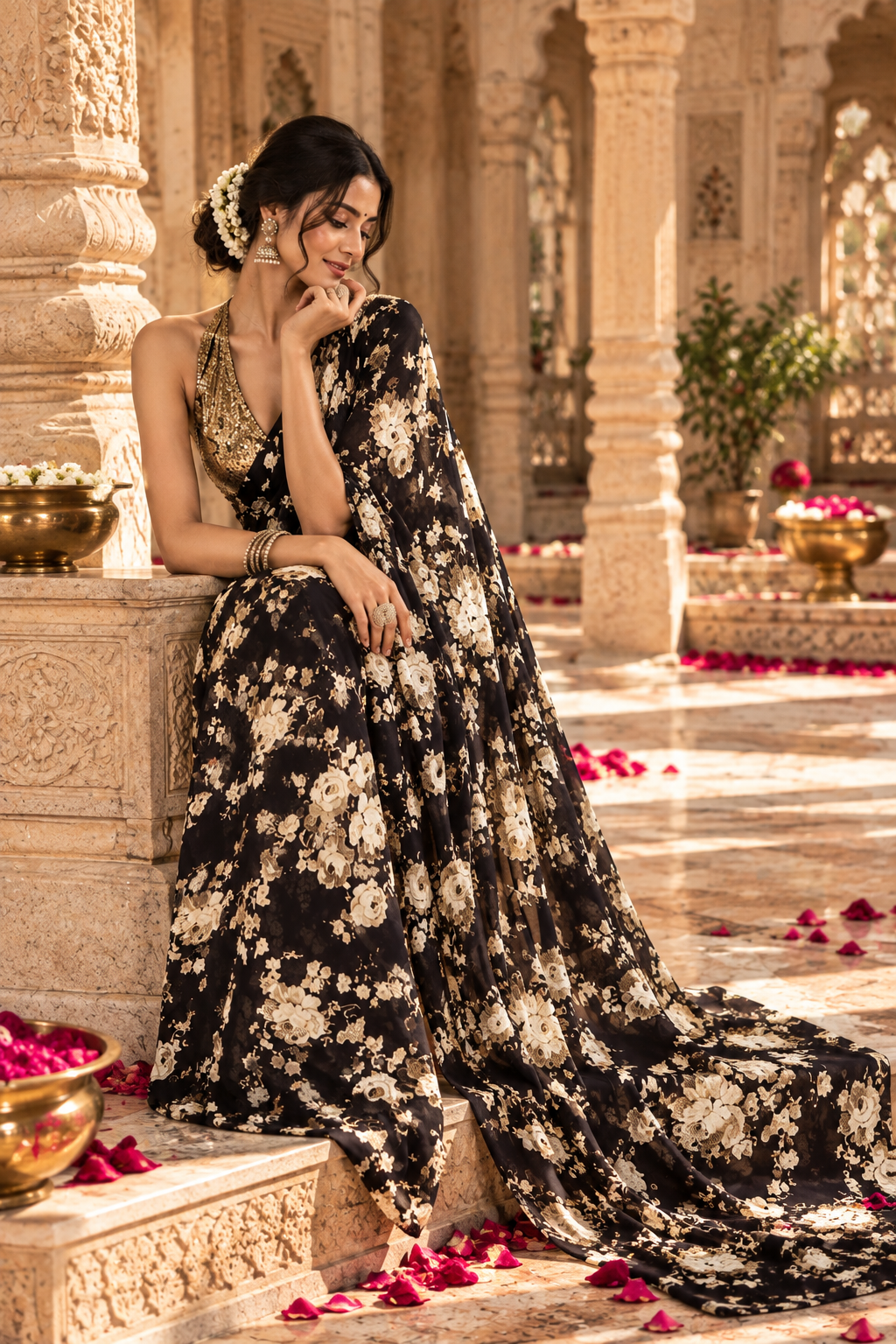 Satin Silk Printed Saree With Unstitched Blouse(Black)
