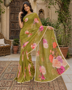 Georgette Floral Printed Saree With Unstitched Blouse(Green)