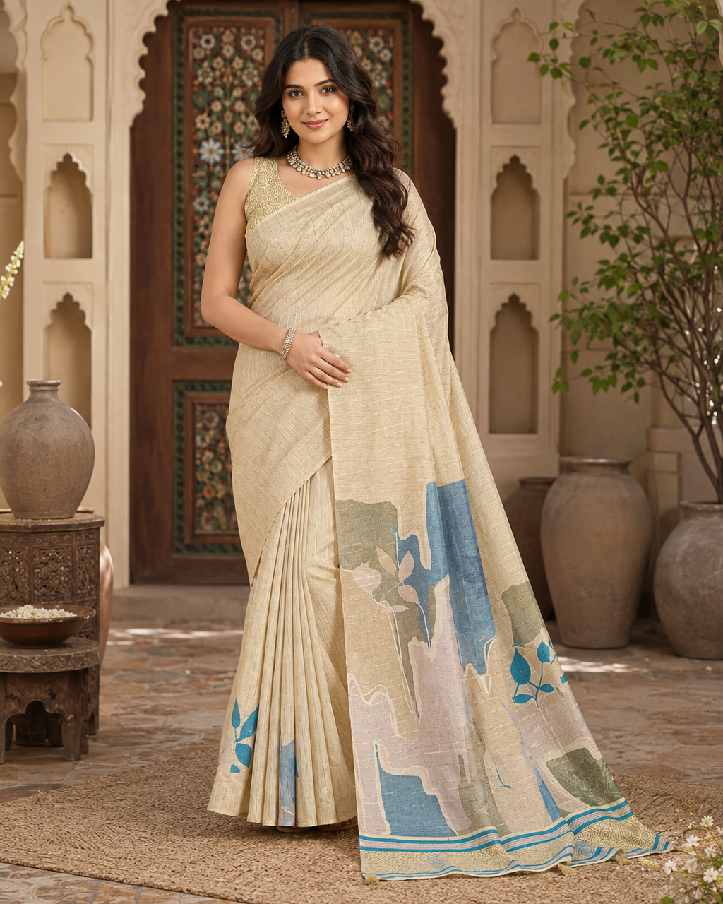 Silk Blend Jacquard Weaving Zari Border Saree With Unstitched Blouse(Off-White)