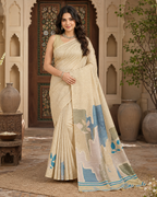 Silk Blend Jacquard Weaving Zari Border Saree With Unstitched Blouse(Off-White)
