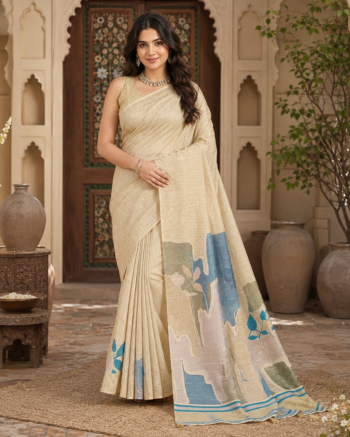 Silk Blend Jacquard Weaving Zari Border Saree With Unstitched Blouse(Off-White)