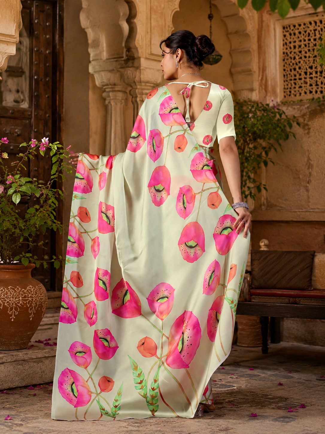 Elegant soft satin georgette saree with unstitched blouse(pista green)