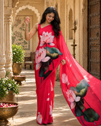 Georgette Floral Printed Saree With Unstitched Blouse(Red)