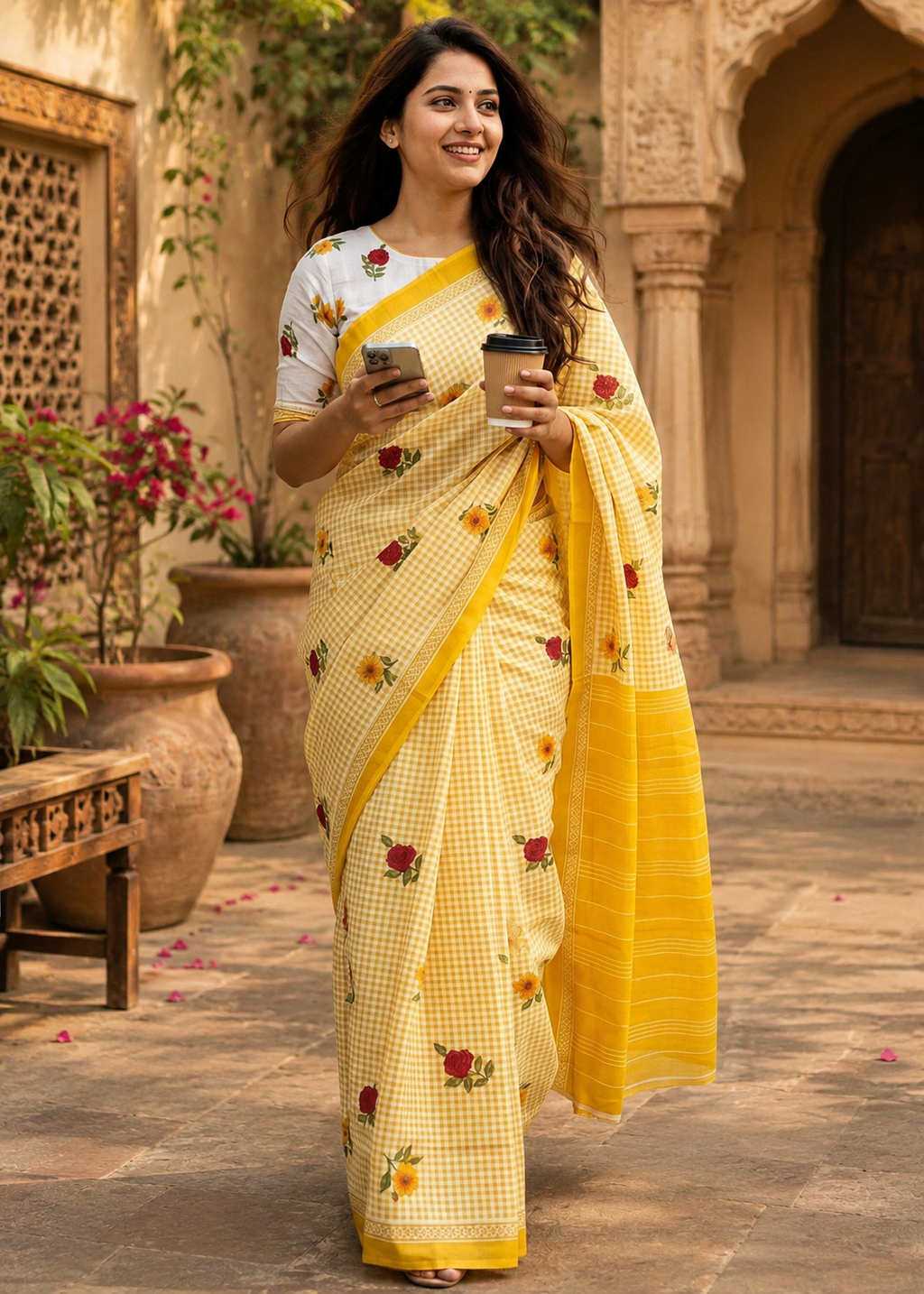 Soft Pure Mulmul Cotton Printed Saree With Unstitched Blouse(Yellow)