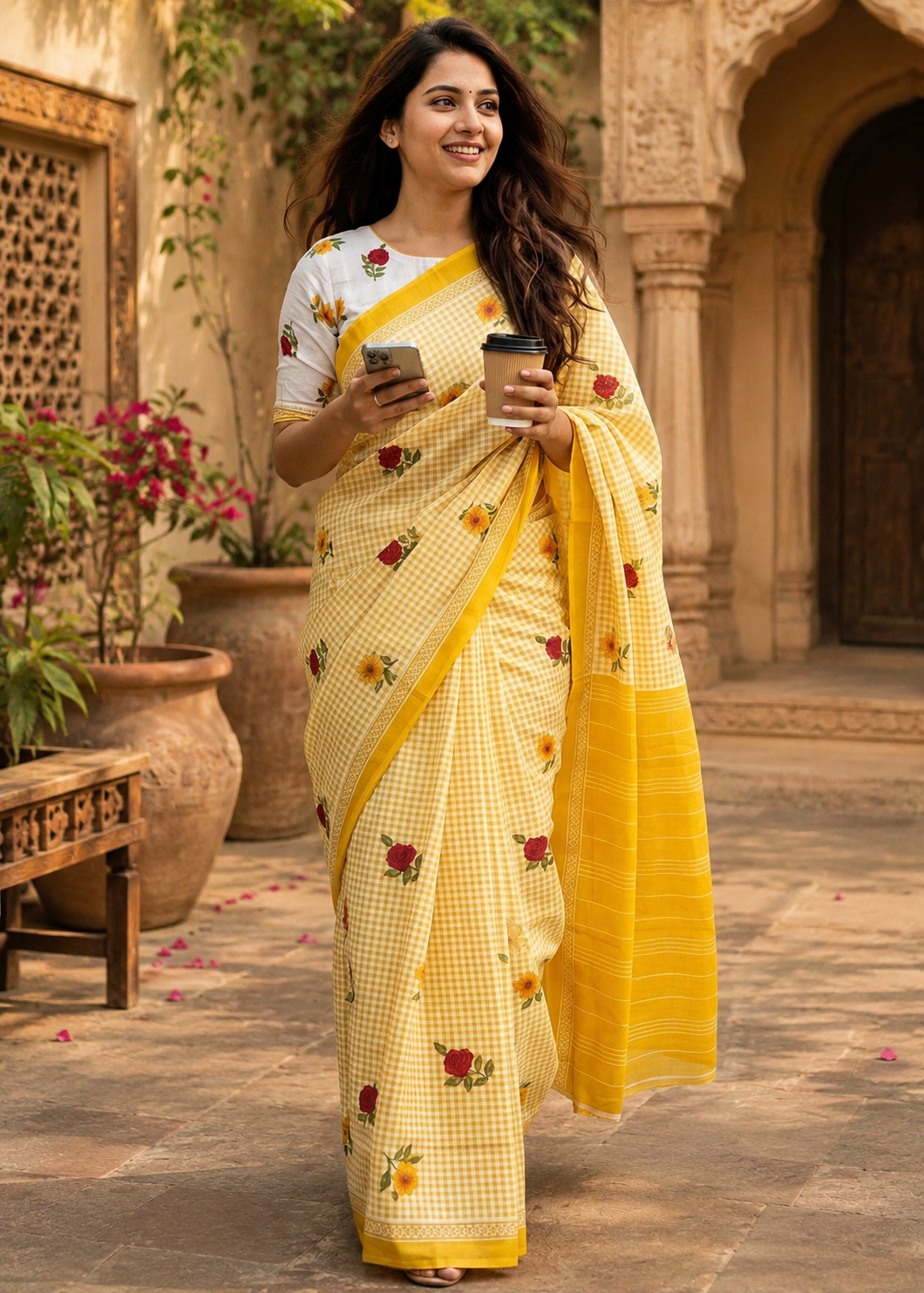 Soft Pure Mulmul Cotton Printed Saree With Unstitched Blouse(Yellow)