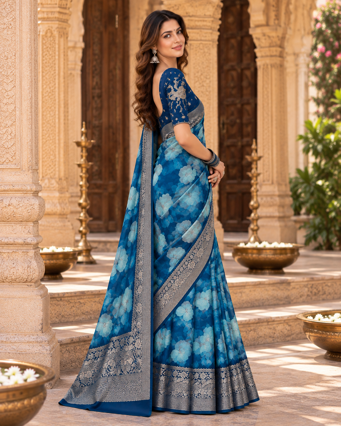 Chiffon Silk Printed Saree With Unstitched Blouse(Blue)