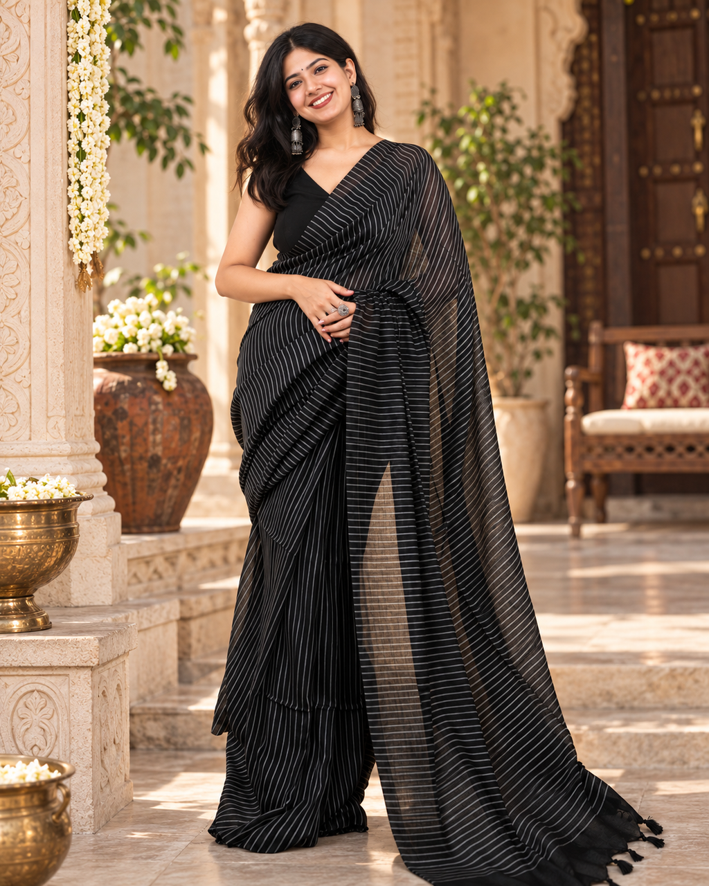 Premium Cotton Digital Print Saree With Unstitched Blouse(Black)