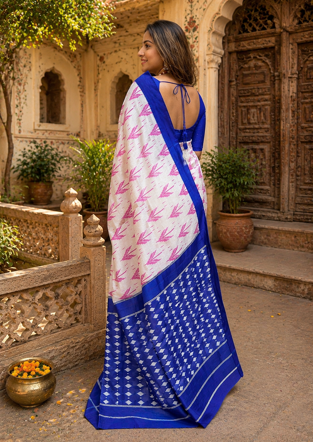 Mulmul Cotton Bagru- Printed Saree With Unstitched Blouse(Baby Pink)