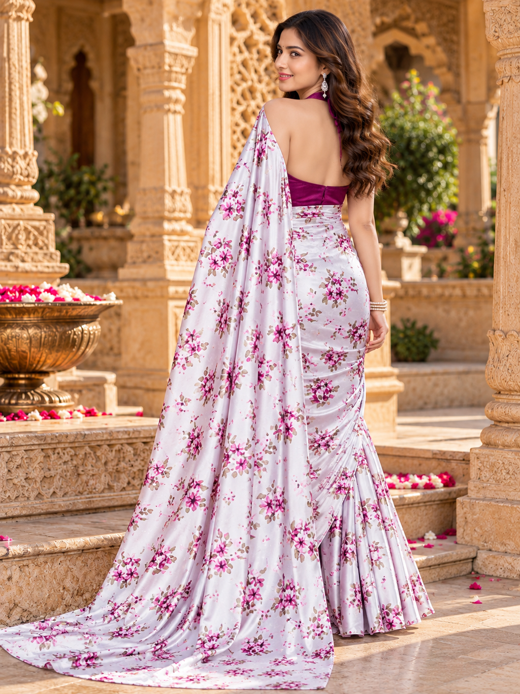 Satin Silk Floral Print Saree With Unstitched Blouse(Burgandy)