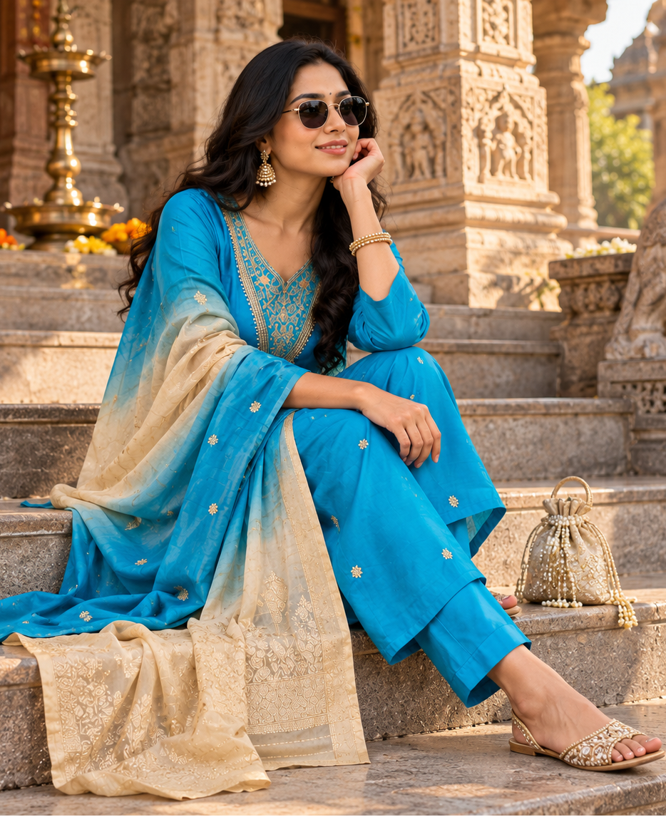 Roman Silk Kurti Pant With Dupatta Set(Blue)
