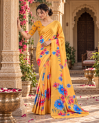 Satin Silk Floral Print Saree With Unstitched Blouse(Mustard)