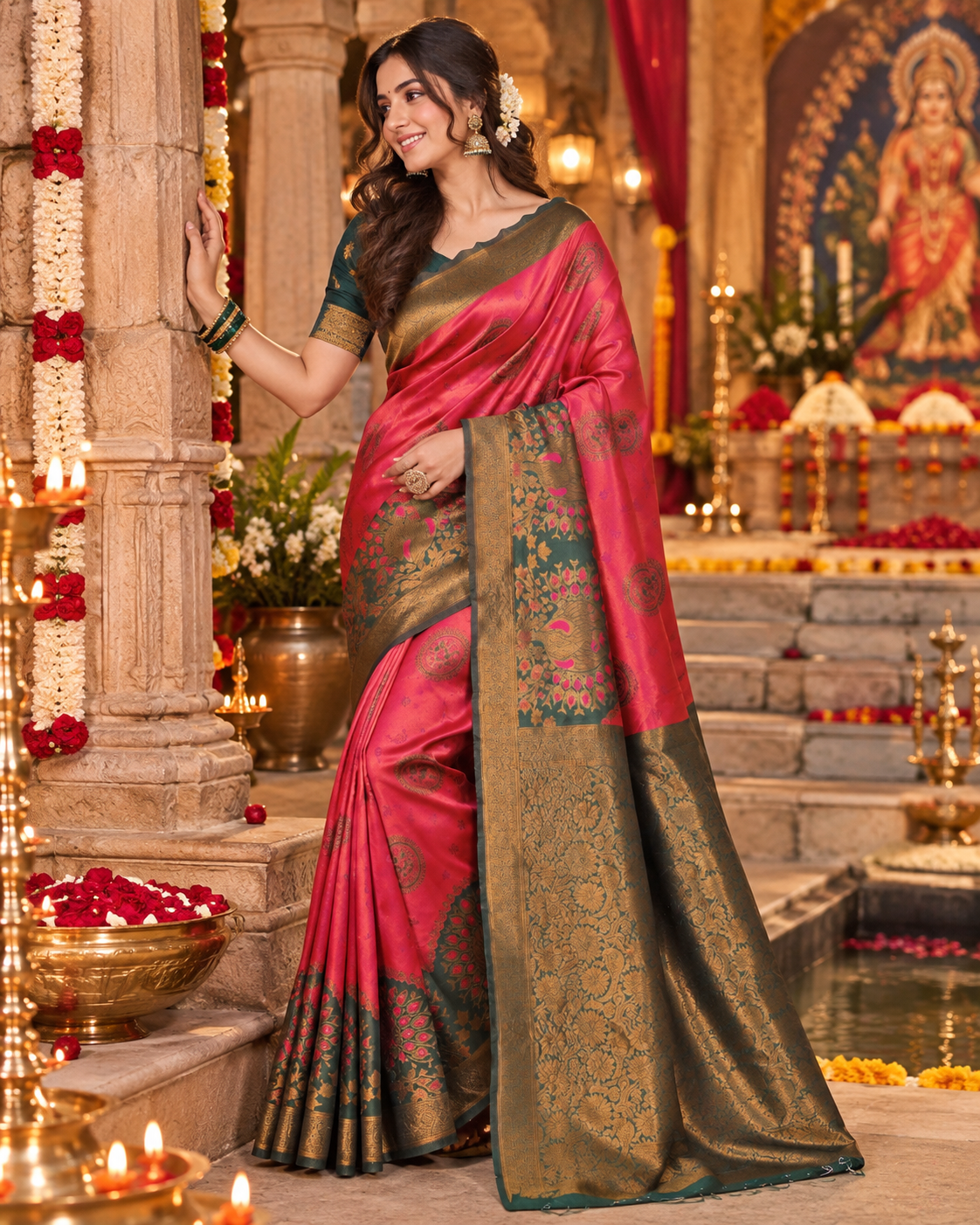 Banarasi Zari Weaving Saree With Unstitched Blouse(Red)