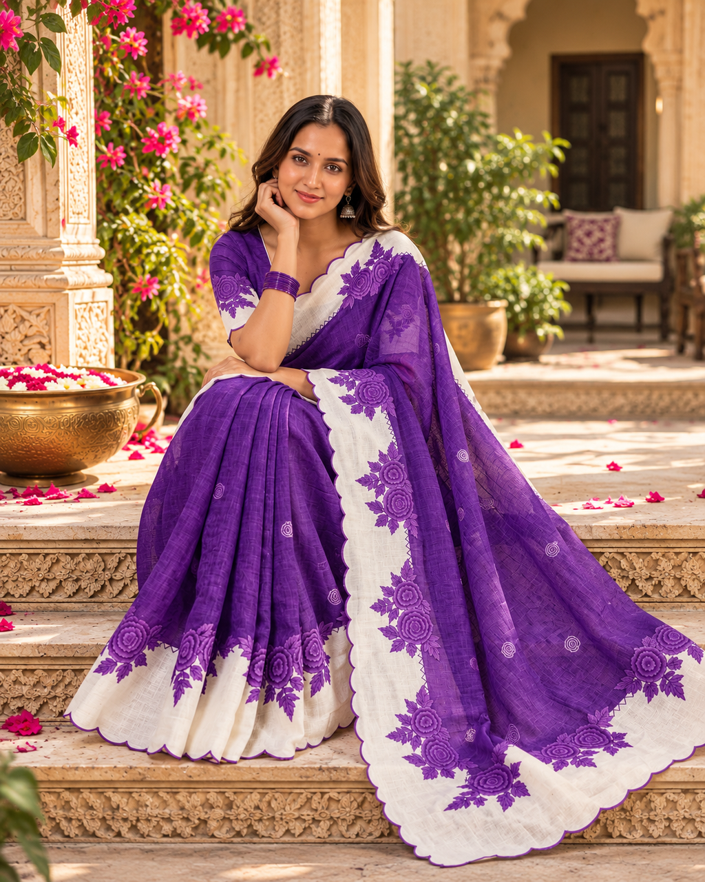 Premium Linen Digital Print Cut Work Border Saree With Ustitched Blouse (Violet)