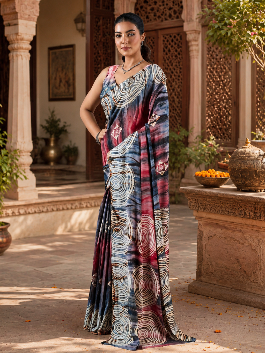 Satin Silk Ajrakh Printed Saree With Unstitched Blouse(Blue)