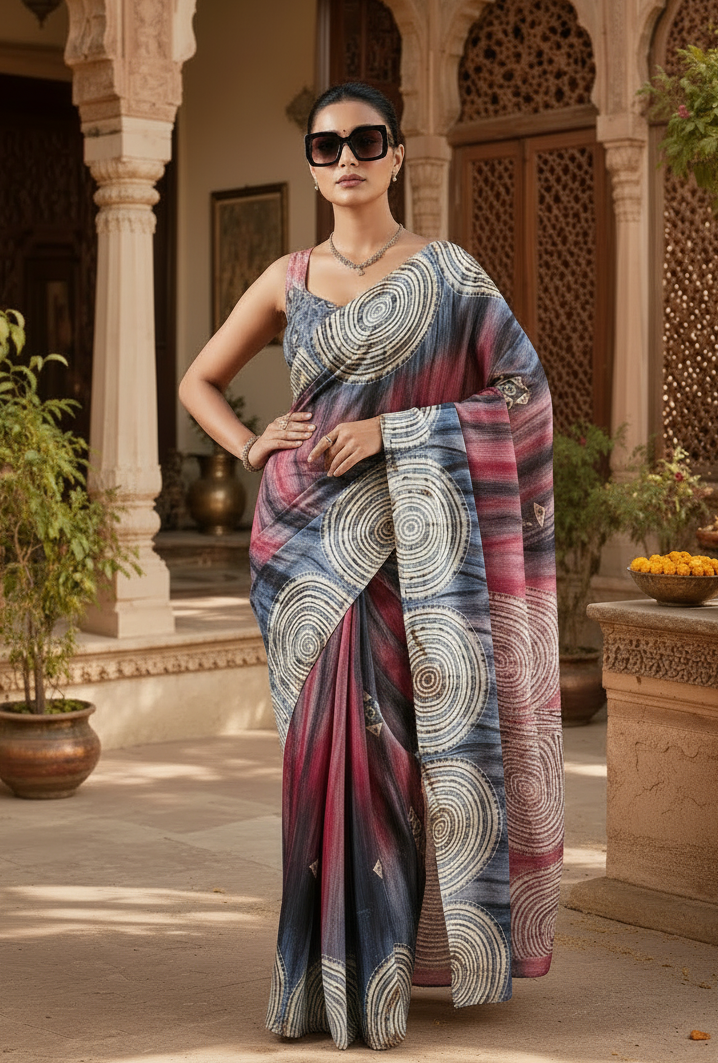 Satin Silk Ajrakh Printed Saree With Unstitched Blouse(Blue)