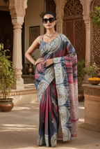 Satin Silk Ajrakh Printed Saree With Unstitched Blouse(Blue)