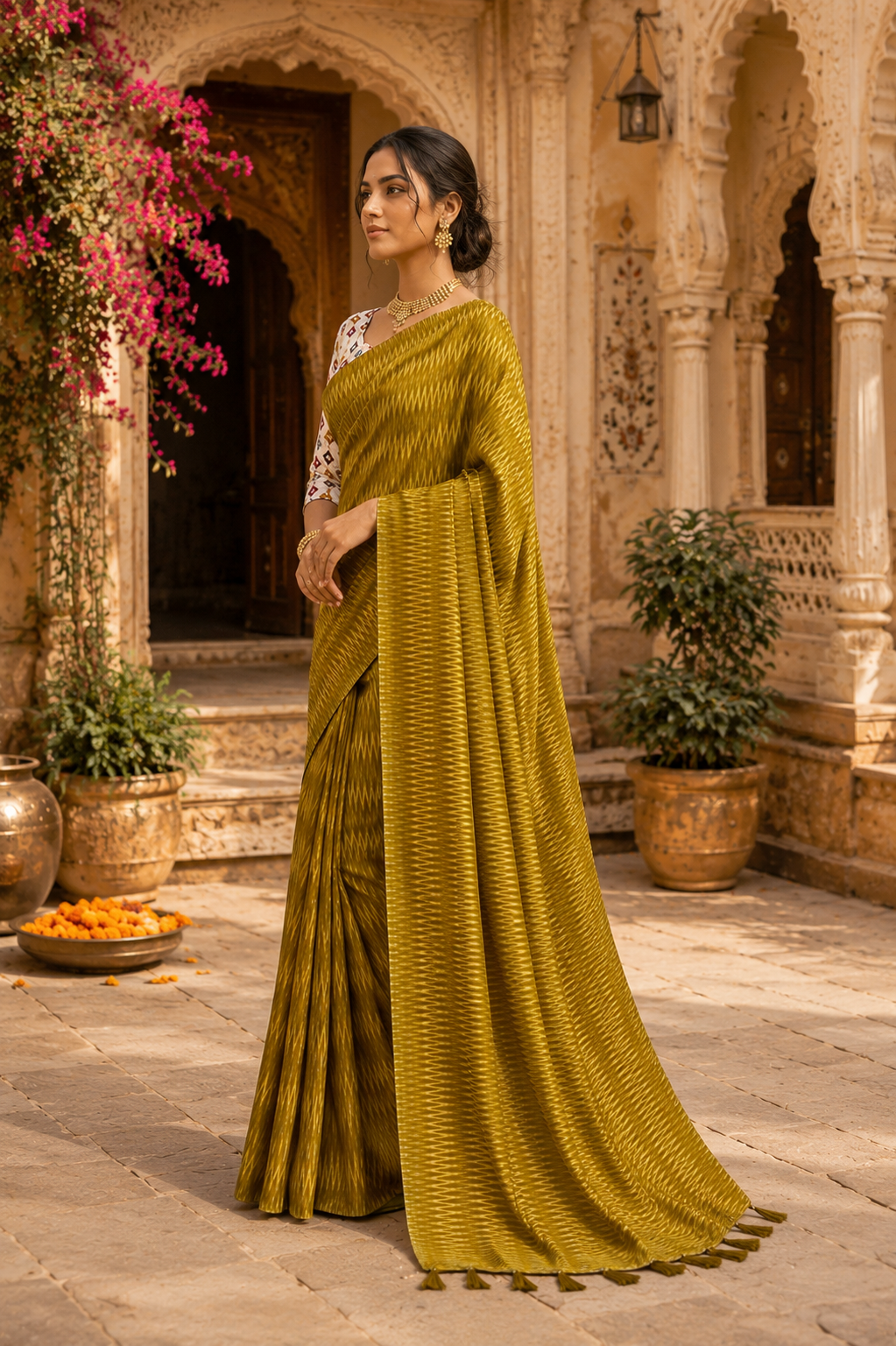 Crepe Silk Printed Sarees With Unstitched Blouse(Mustard)