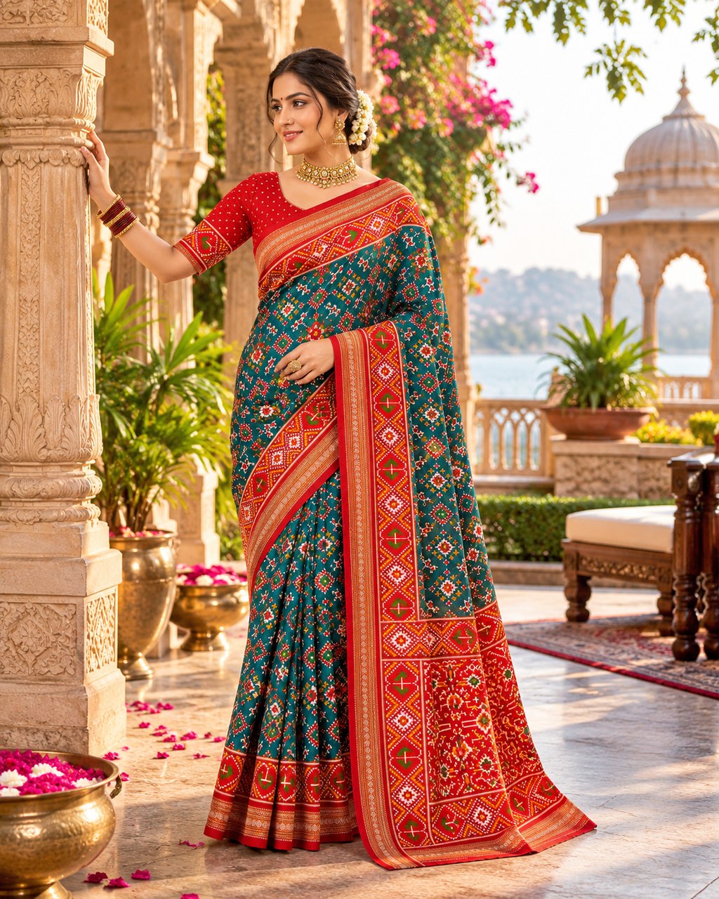 Premium Ashika Handloom Silk Patola Lagadi Patta Zari border Tassels Saree (Rama)