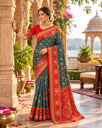 Premium Ashika Handloom Silk Patola Lagadi Patta Zari border Tassels Saree (Rama)
