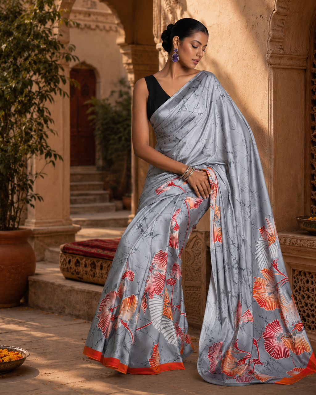 Japan Satin Printed Saree With Unstitched Blouse(Grey)