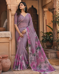 Pure Silk Floral Print Saree With Unstitched Blouse(Violet)