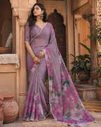 Pure Silk Floral Print Saree With Unstitched Blouse(Violet)