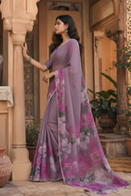 Pure Silk Floral Print Saree With Unstitched Blouse(Violet)