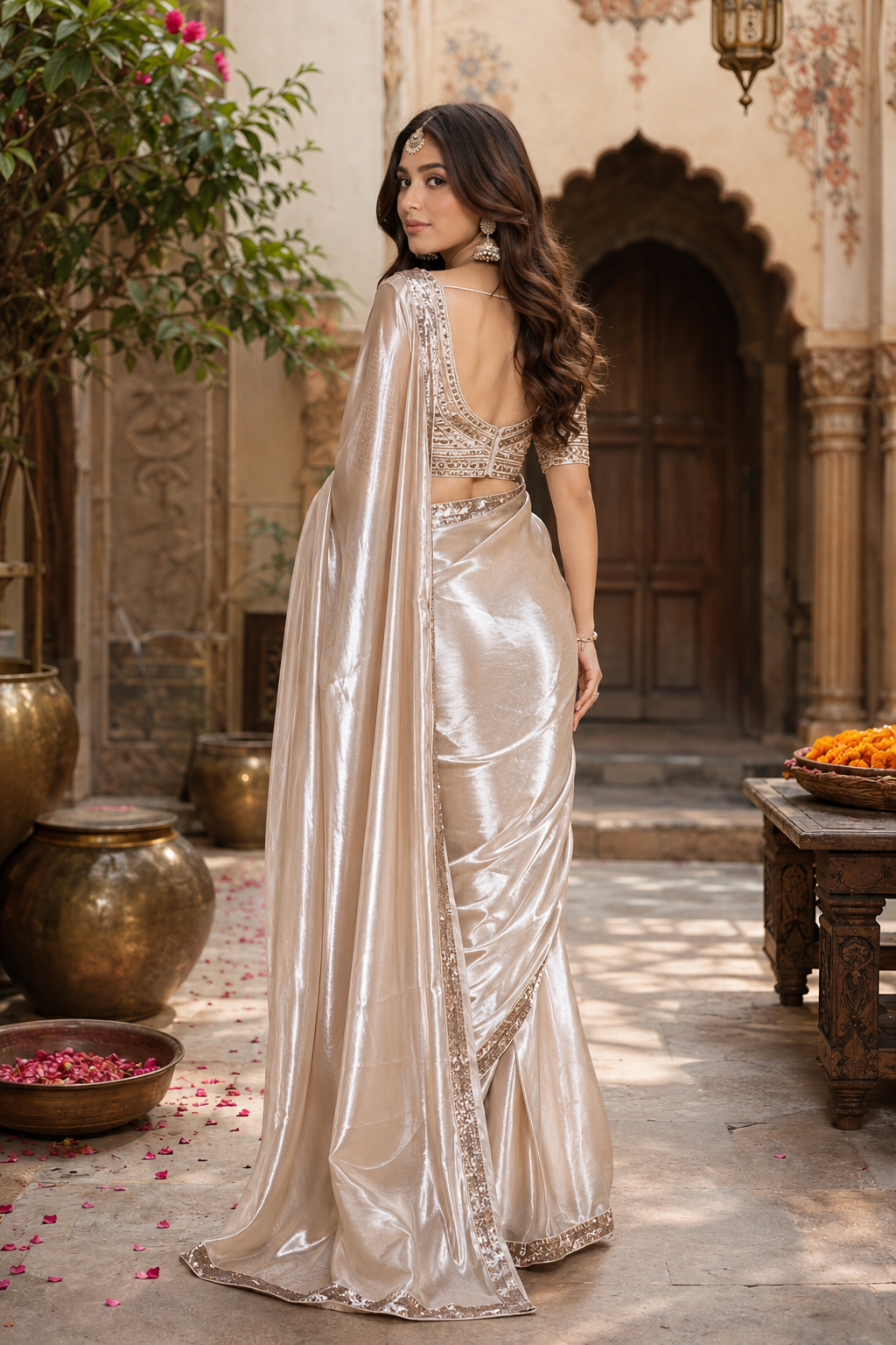Soft Shimmer Silk Charkhi Gota Work Saree With Unstitched Blouse(Beige)