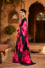 Load image into Gallery viewer, Satin Silk Floral Printed Saree with Unstitched Blouse(Pink)
