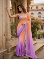 Georgette Swarovski Printed Saree With Unstitched Blouse(Orange)