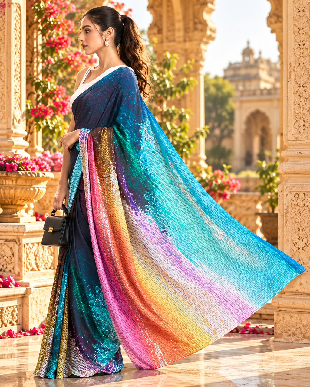 Satin Silk Printed Saree With Unstitched(Sky Blue)