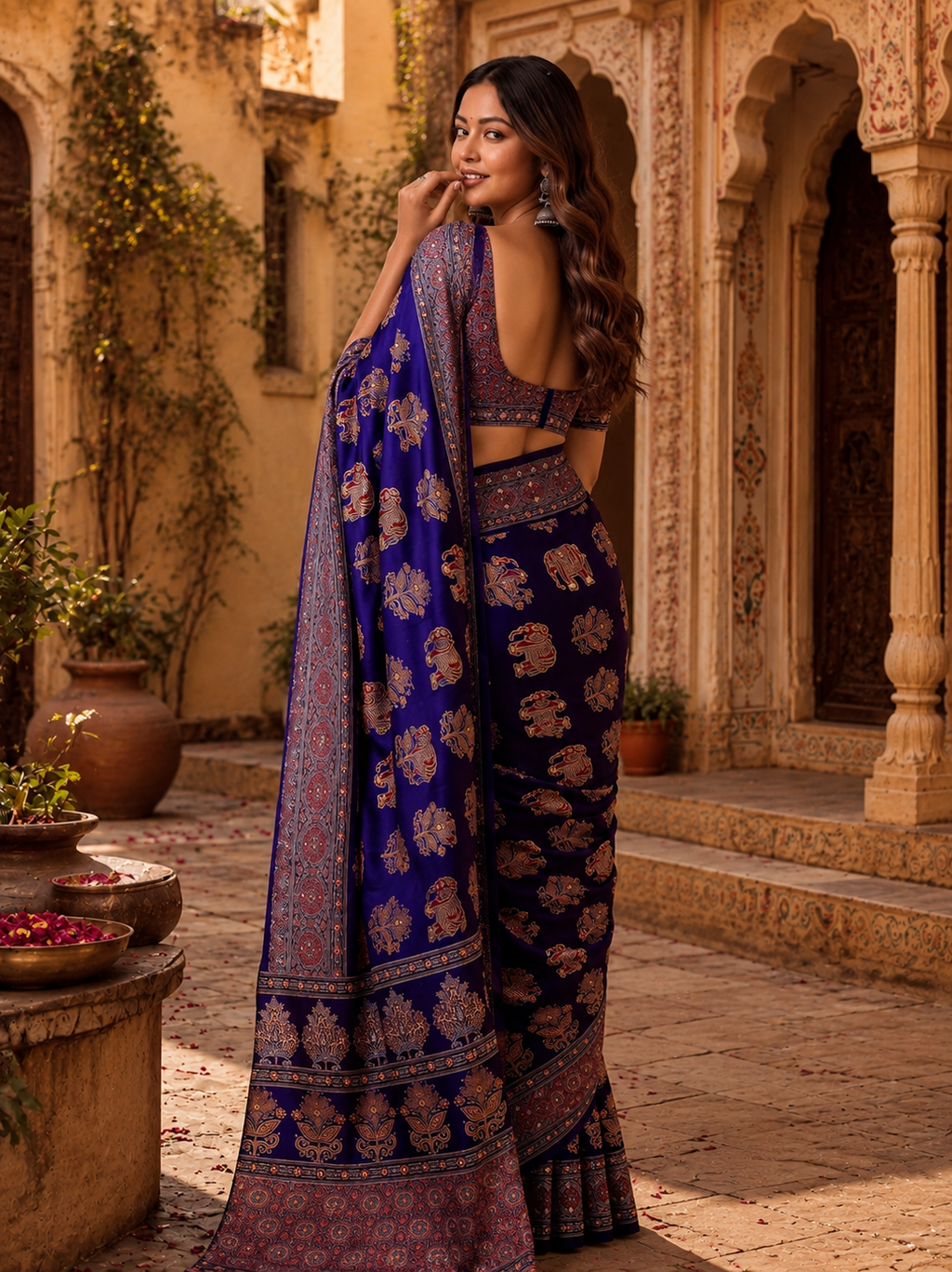 Crepe Silk Ajrakh Printed Saree With Unstitched Blouse(Blue)