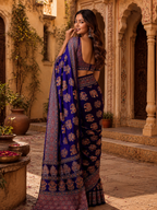 Crepe Silk Ajrakh Printed Saree With Unstitched Blouse(Blue)