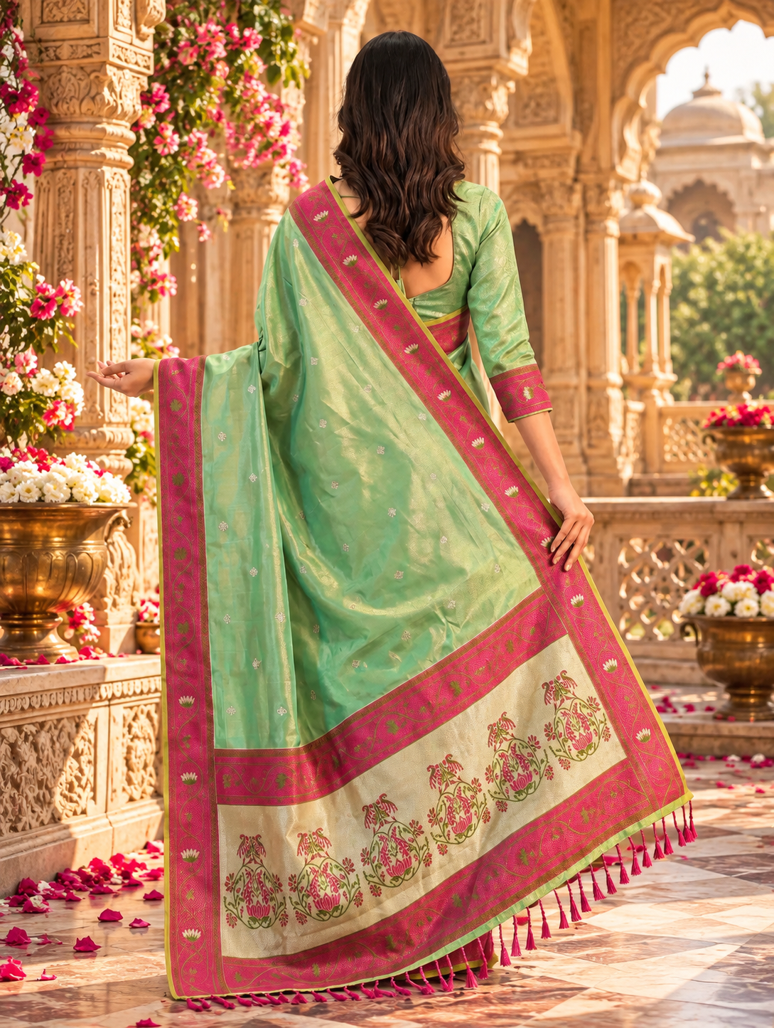 Premium Tissue Silk Saree With Unstitched Blouse(Green)