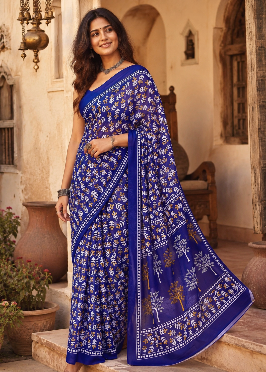 Pure Mulmul Cotton Printed Saree With Unstitched Blouse(Violet)