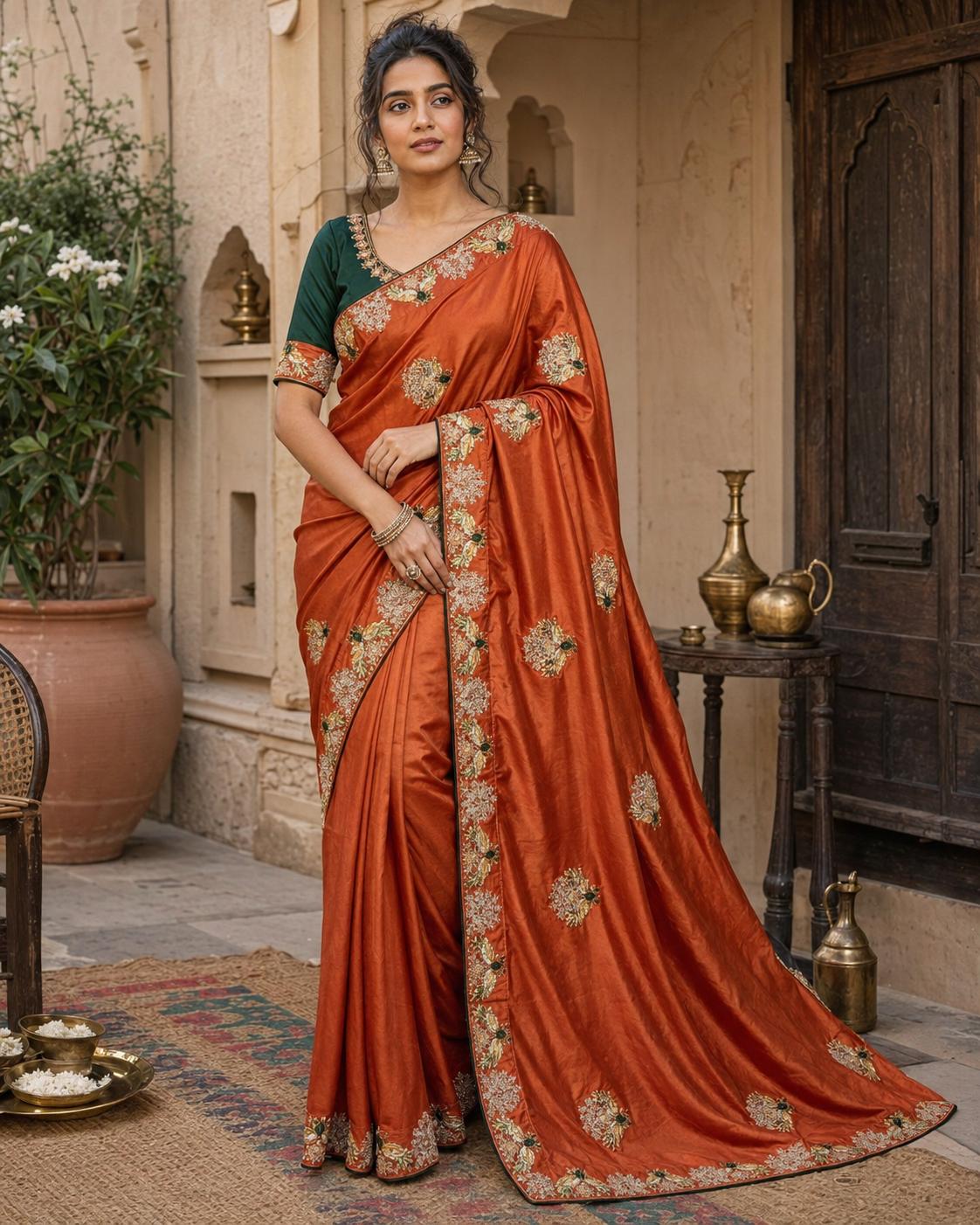 Premium Satin Silk Saree With Unstitched Blouse(Red)