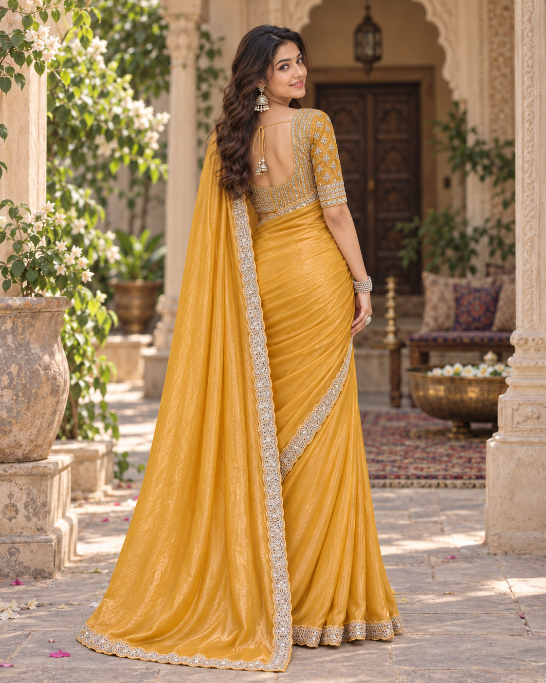 Chiffon Designer Saree With Unstitched Blouse(Mustard)
