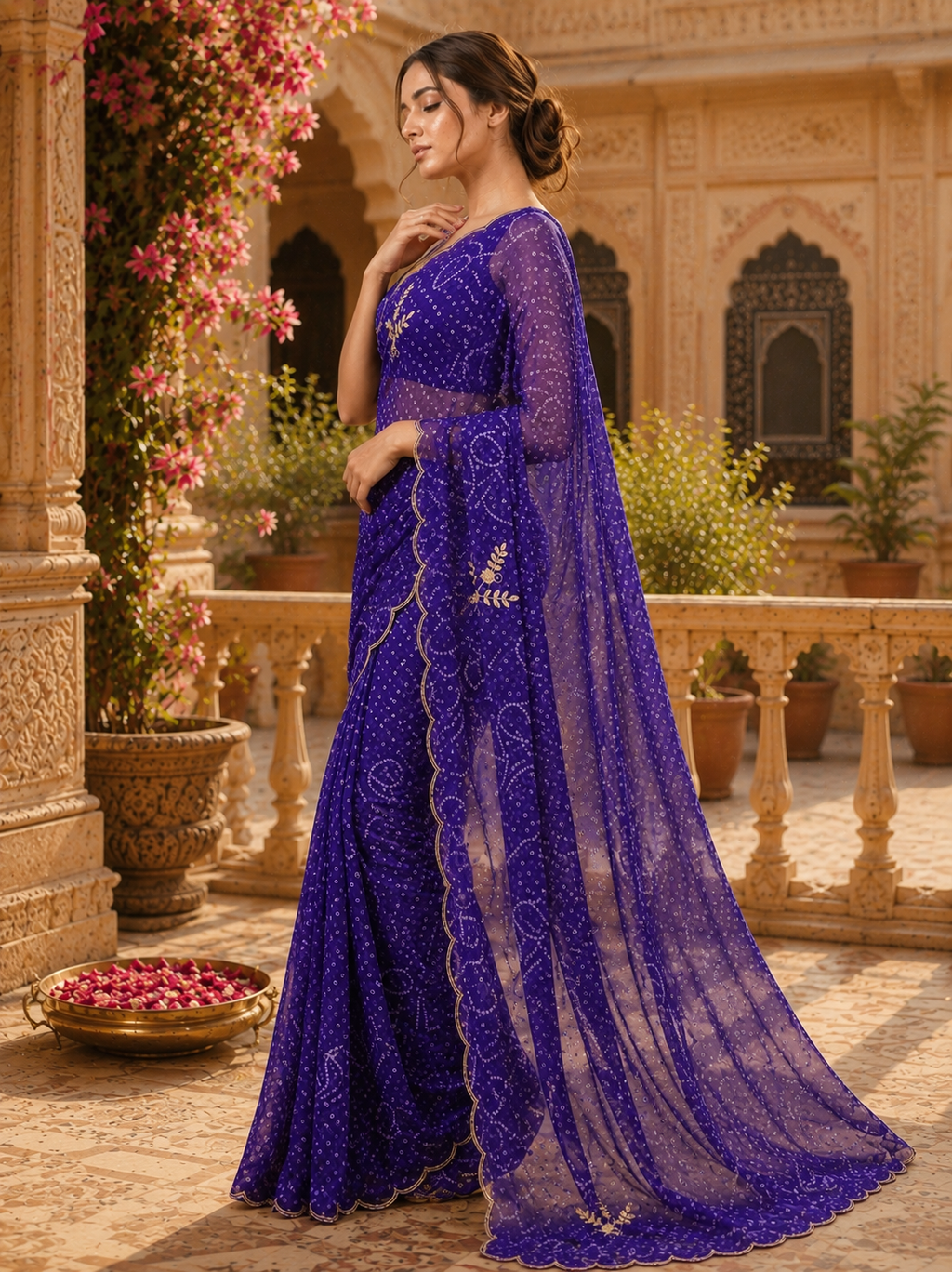 Georgette Hand Work Border Cut Saree With Unstitched Blouse(Violet)