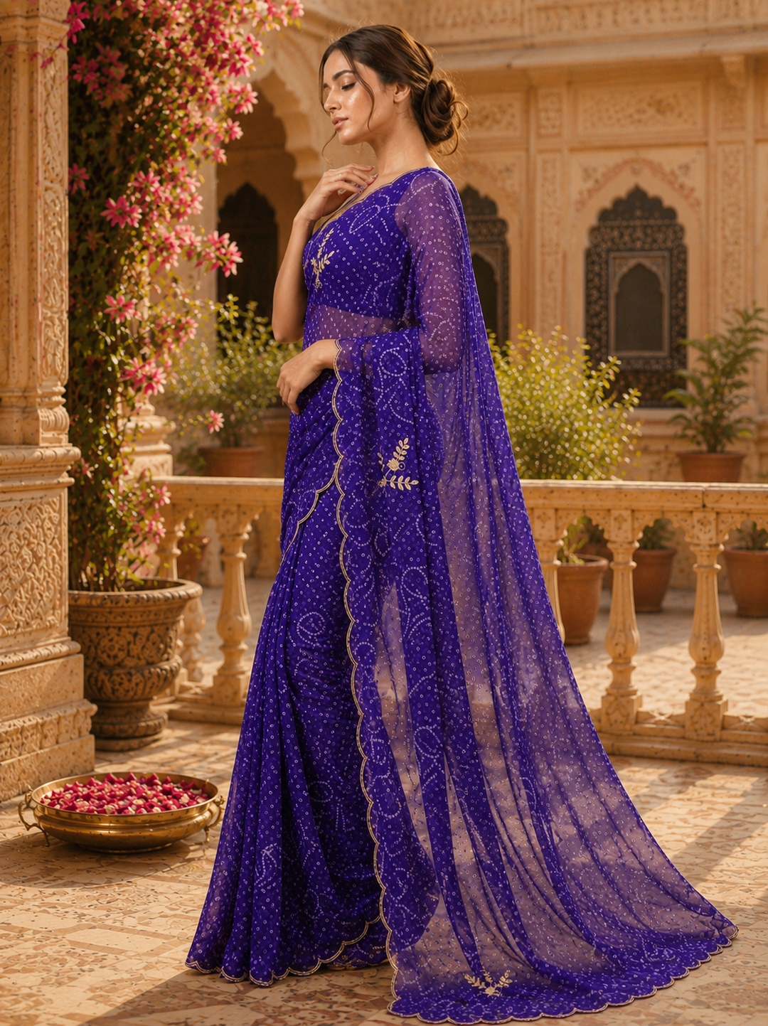 Georgette Hand Work Border Cut Saree With Unstitched Blouse(Violet)