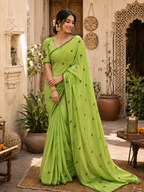 Soft Silk Embroidery Saree With Unstitched Blouse(Green)