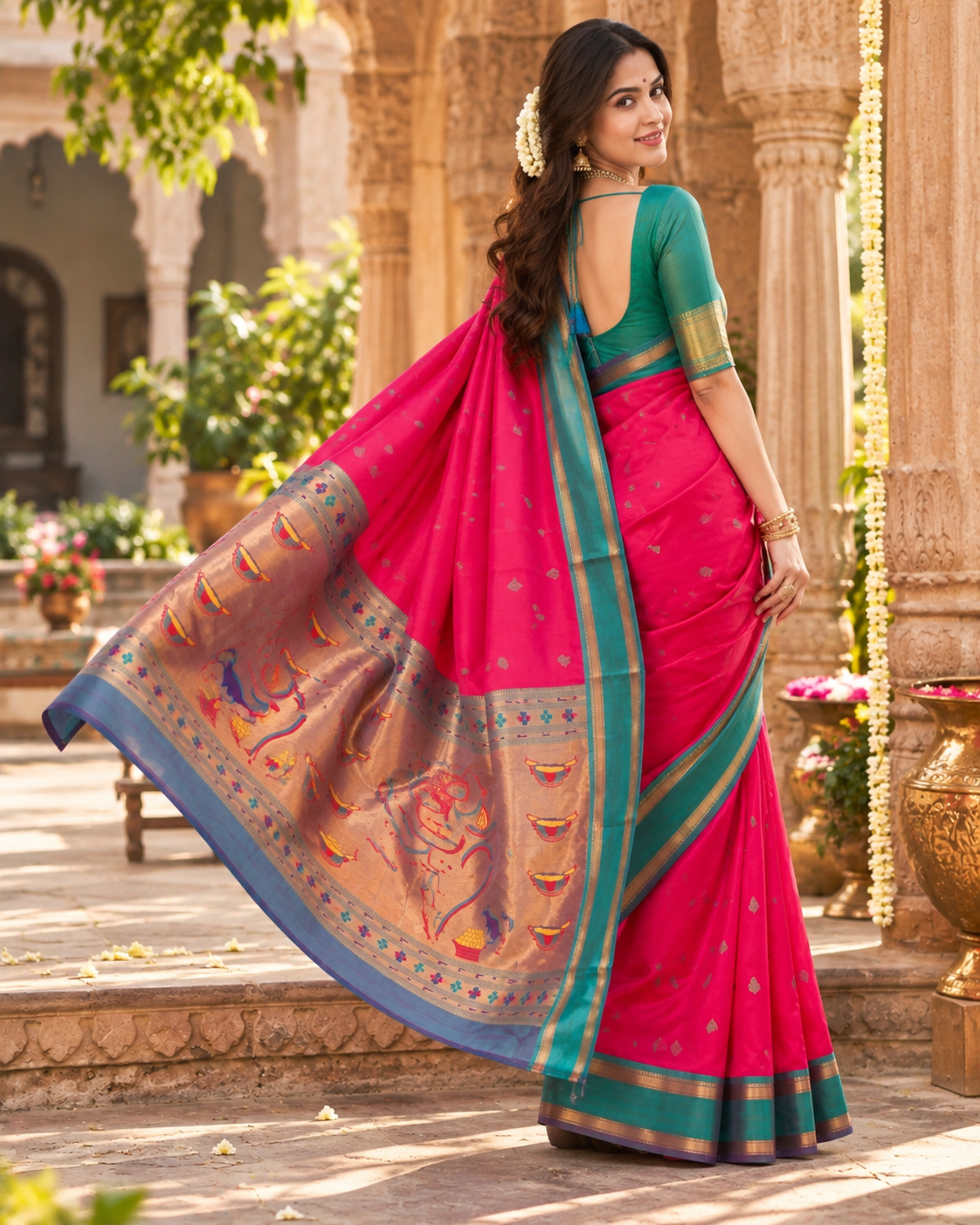 Krittika Premium Paithani Katan Silk Butti Saree With Zari Border Unstitched Blouse (Red)