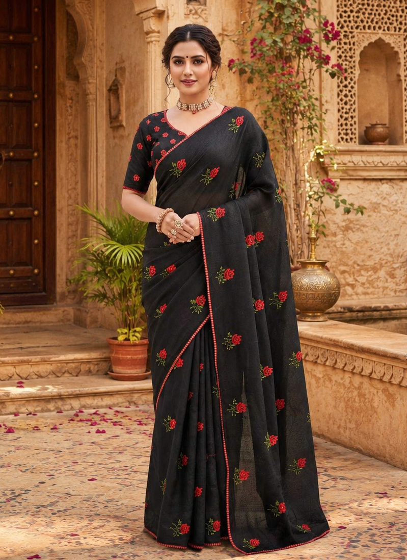 Premium Soft Kota Doria Saree With Unstitched Blouse(Black)
