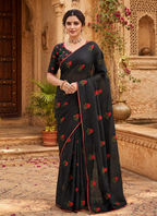 Premium Soft Kota Doria Saree With Unstitched Blouse(Black)