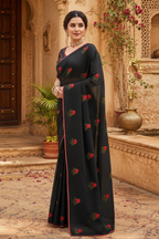 Premium Soft Kota Doria Saree With Unstitched Blouse(Black)